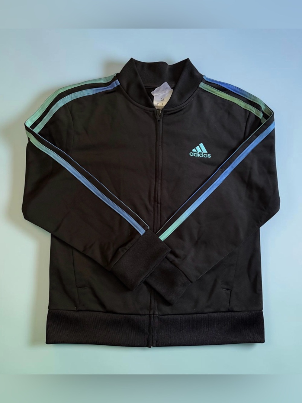adidas Black Kids Jacket with Blue & Mint Stripe Accents